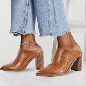 FOWT Crocodile Brown Pointed Toe Slip On Mules Stacked Block High Heel Sandal